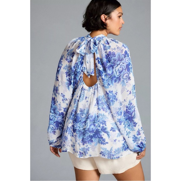 Anthropologie Maeve Sheer Chiffon Tunic Blouse Blue Flower Garden Plus Size 2X - Picture 7 of 15